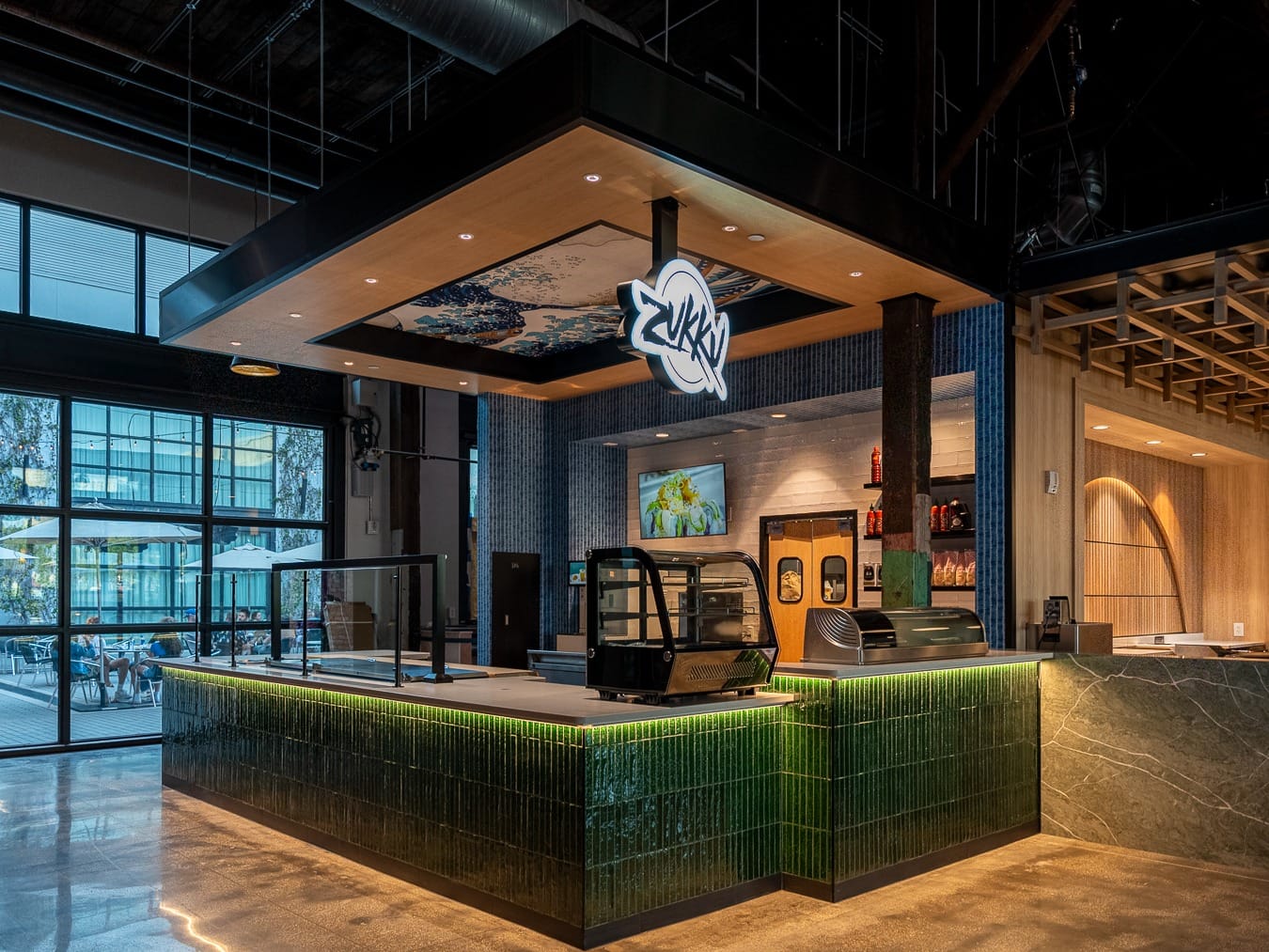 a green counter in a building