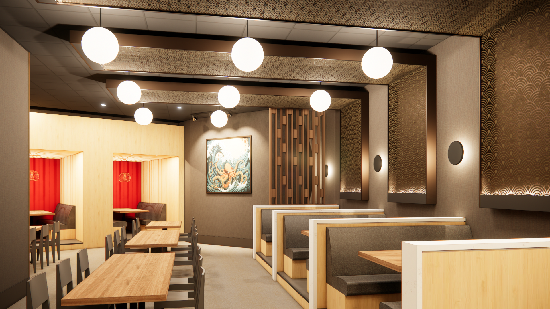 a restaurant with tables and benches