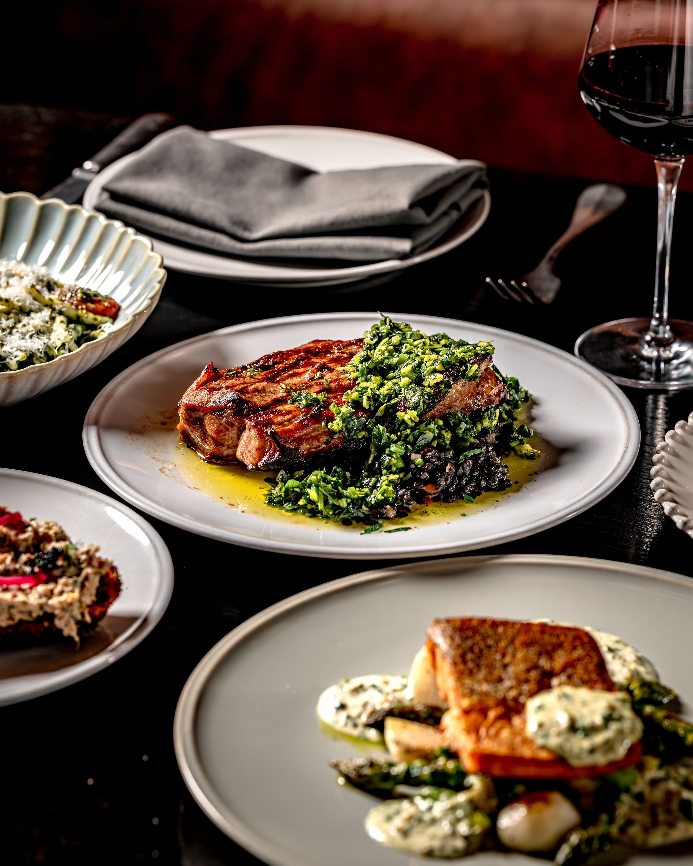 a table with plates of food