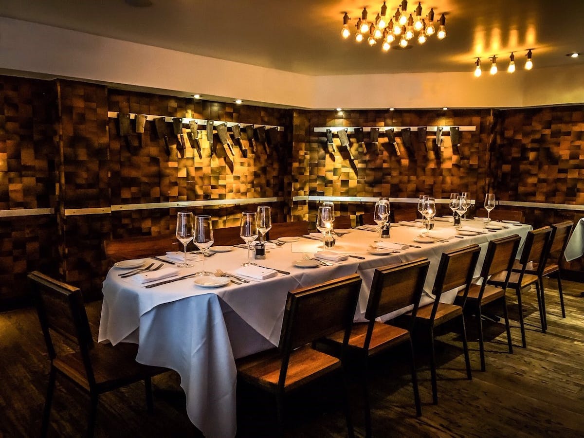 a long table in a restaurant