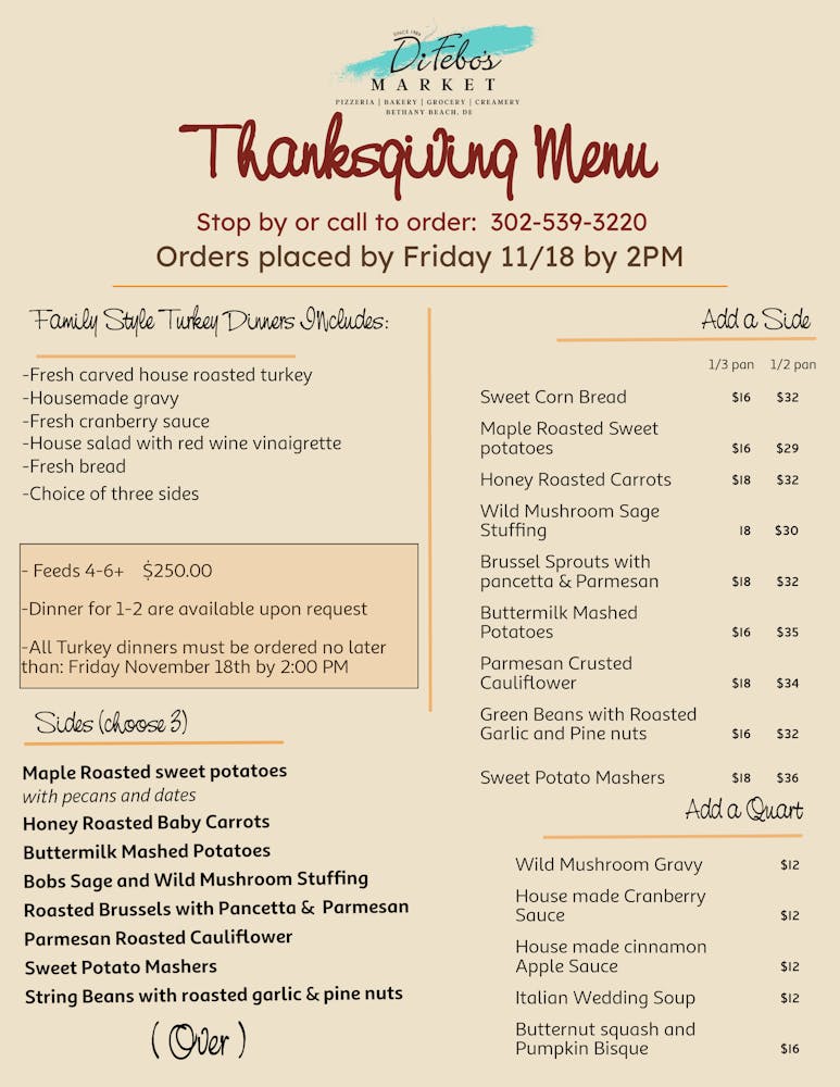 Thanksgiving Carryout Menu DiFebo's Market Bakery in Bethany Beach, DE
