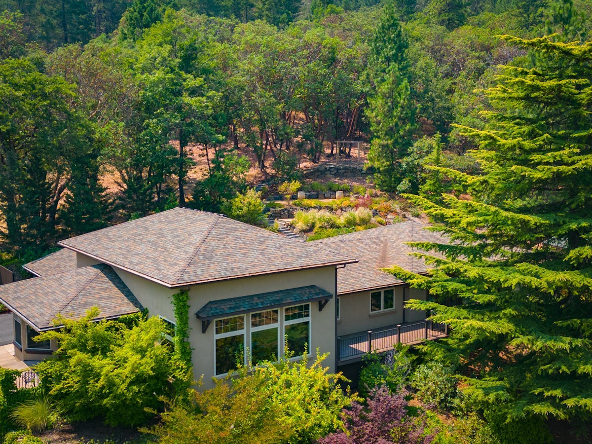 a house with bushes in front of a lush green forest