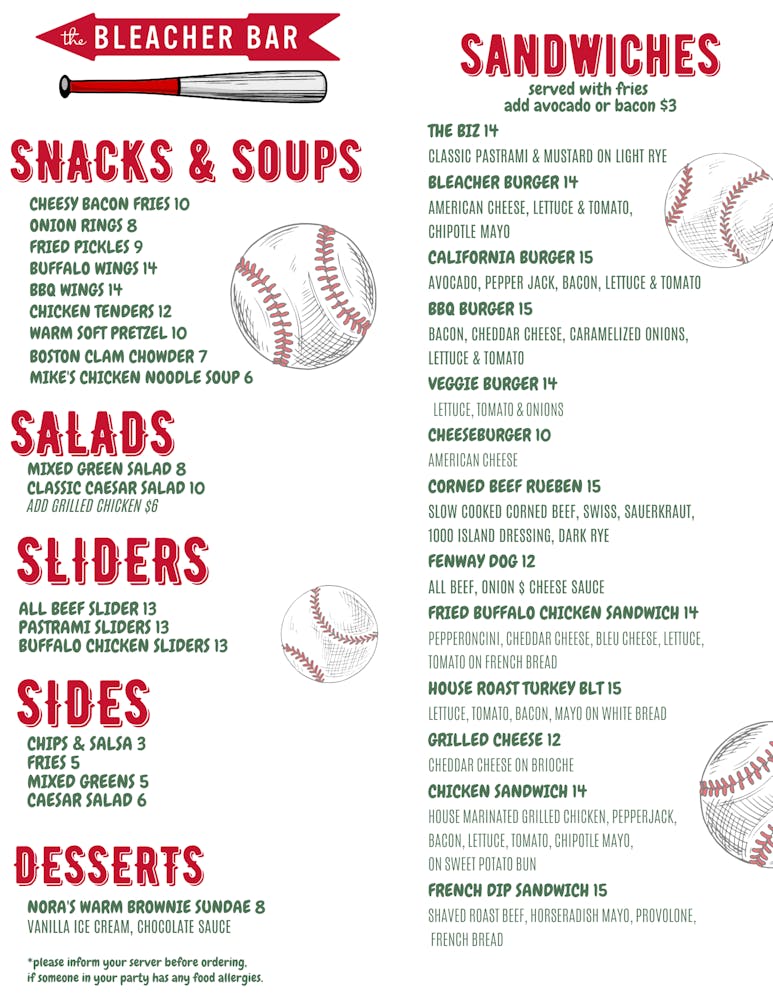 Menus Bleacher Bar in Boston, MA