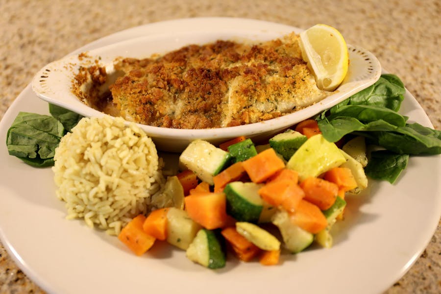 Baked Haddock with Rice and Vegetables Windham Restaurant American