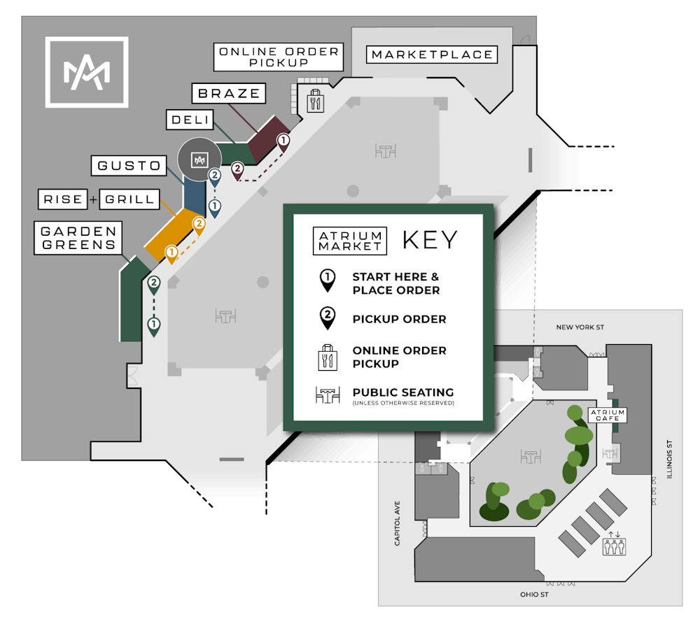 Map of the OneAmerica Tower showing the location of the Atrium Market and the Atrium Cafe