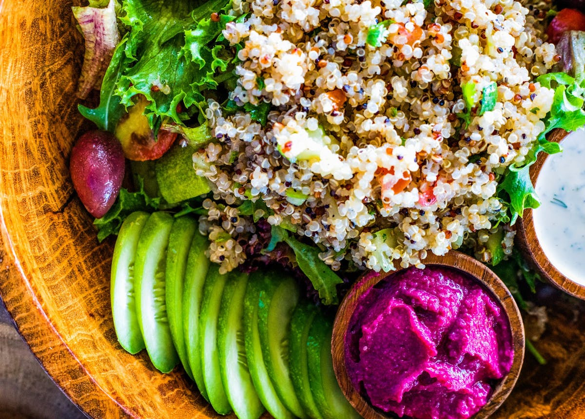 a close up of many different types of food