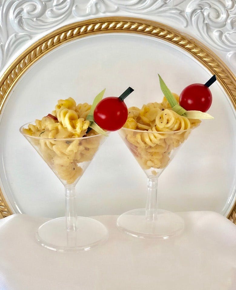 a plate of food and a glass of wine