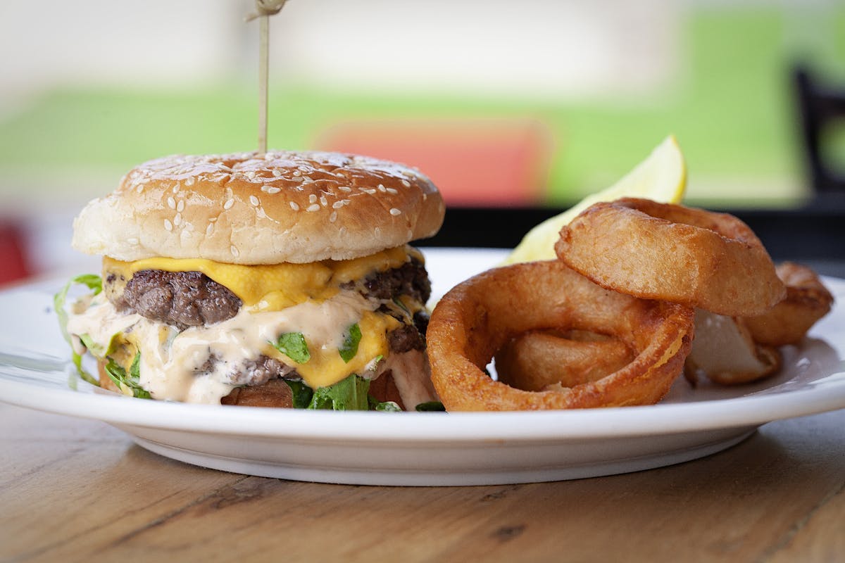 hamburger and onion rings