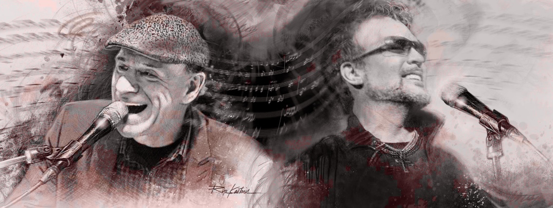 a couple of men with musical notes