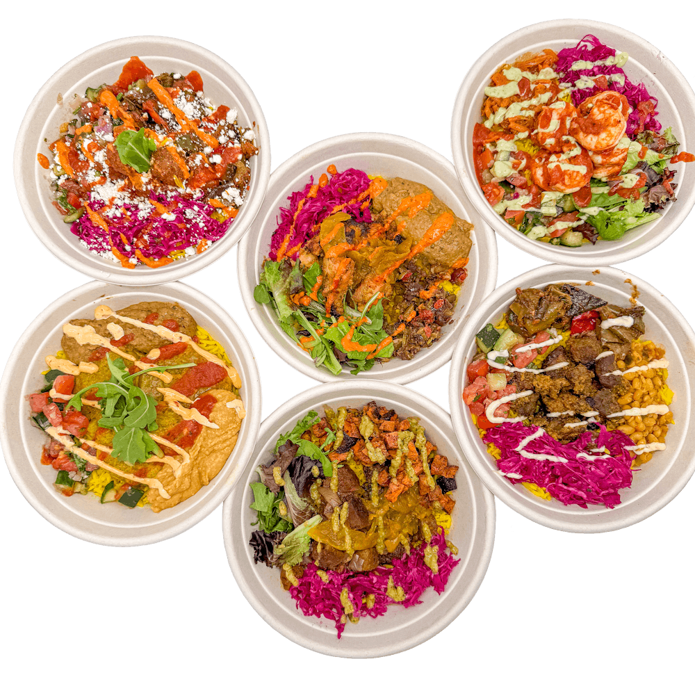 a close up of many different types of food on a table