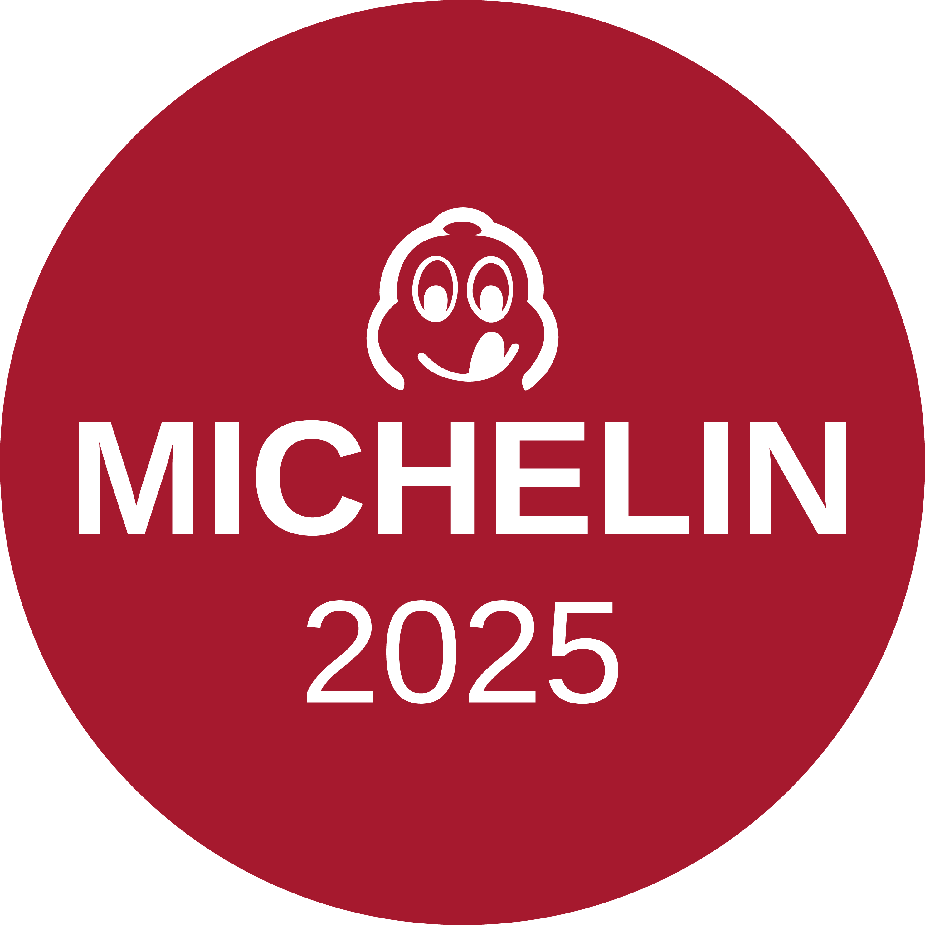 a red circle with white text and a cartoon face