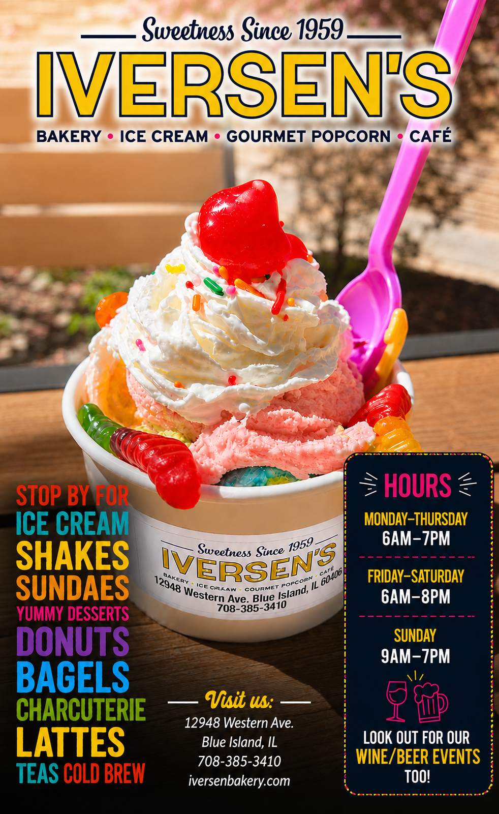 a cup of ice cream with a spoon and candy
