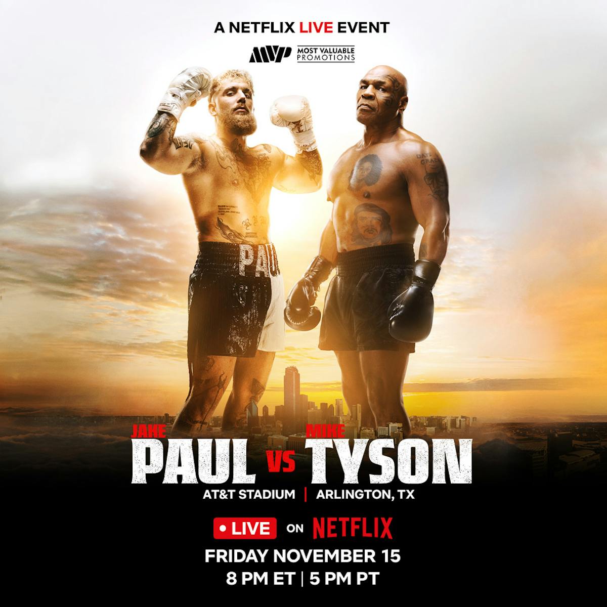 Jake Paul and Mike Tyson fight poster with time and location of fight