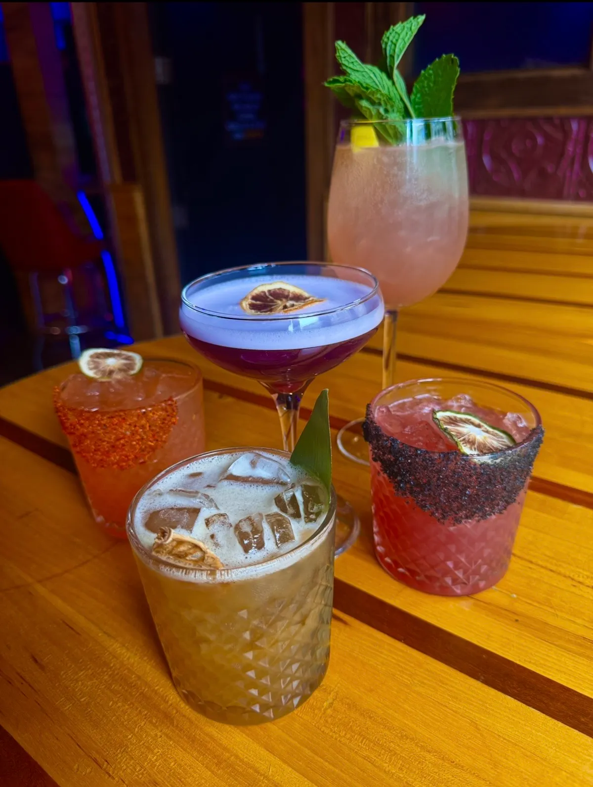 a group of drinks on a table