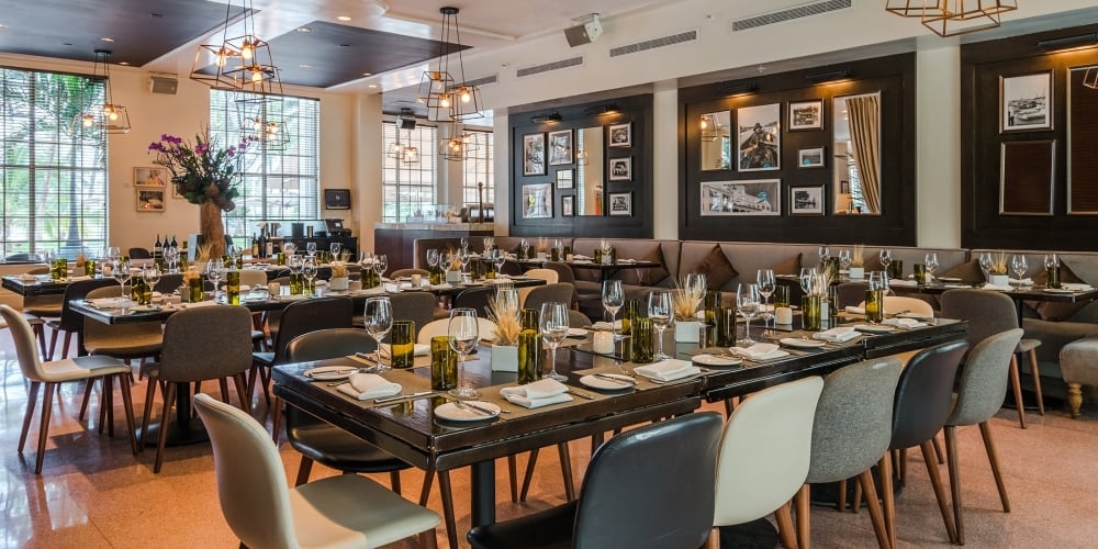 a dining room with tables and chairs