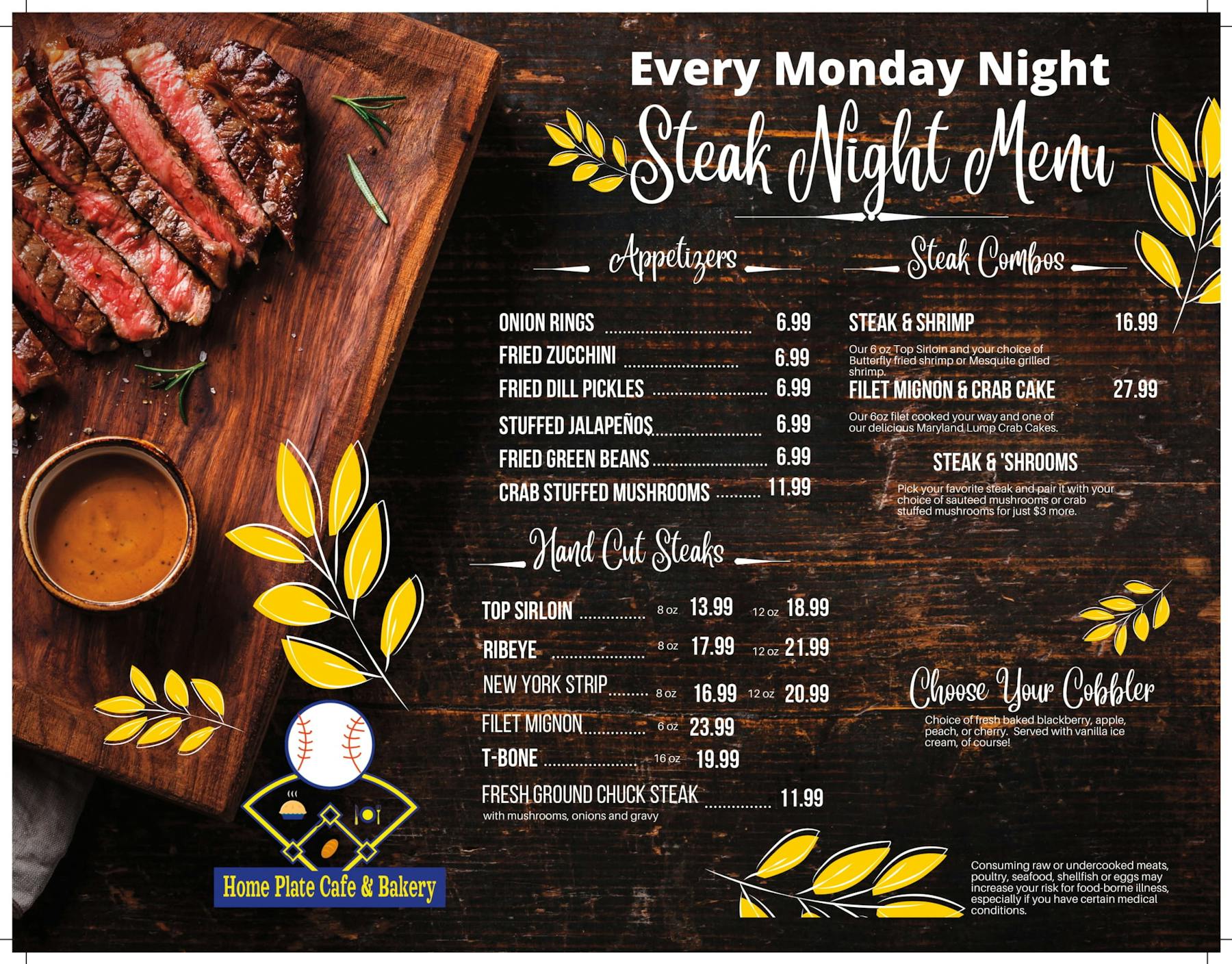 Monday Night Steak Night Menu Home Plate Cafe American Restaurant
