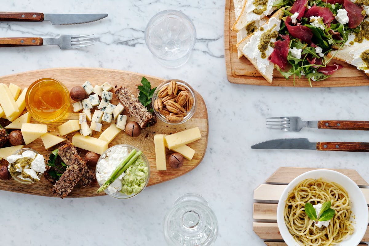 a box filled with different types of food on a table