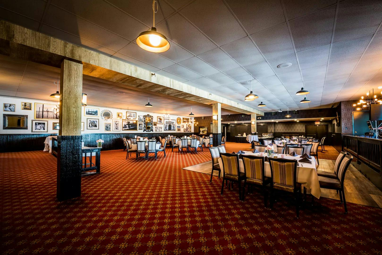 a room filled with dining tables