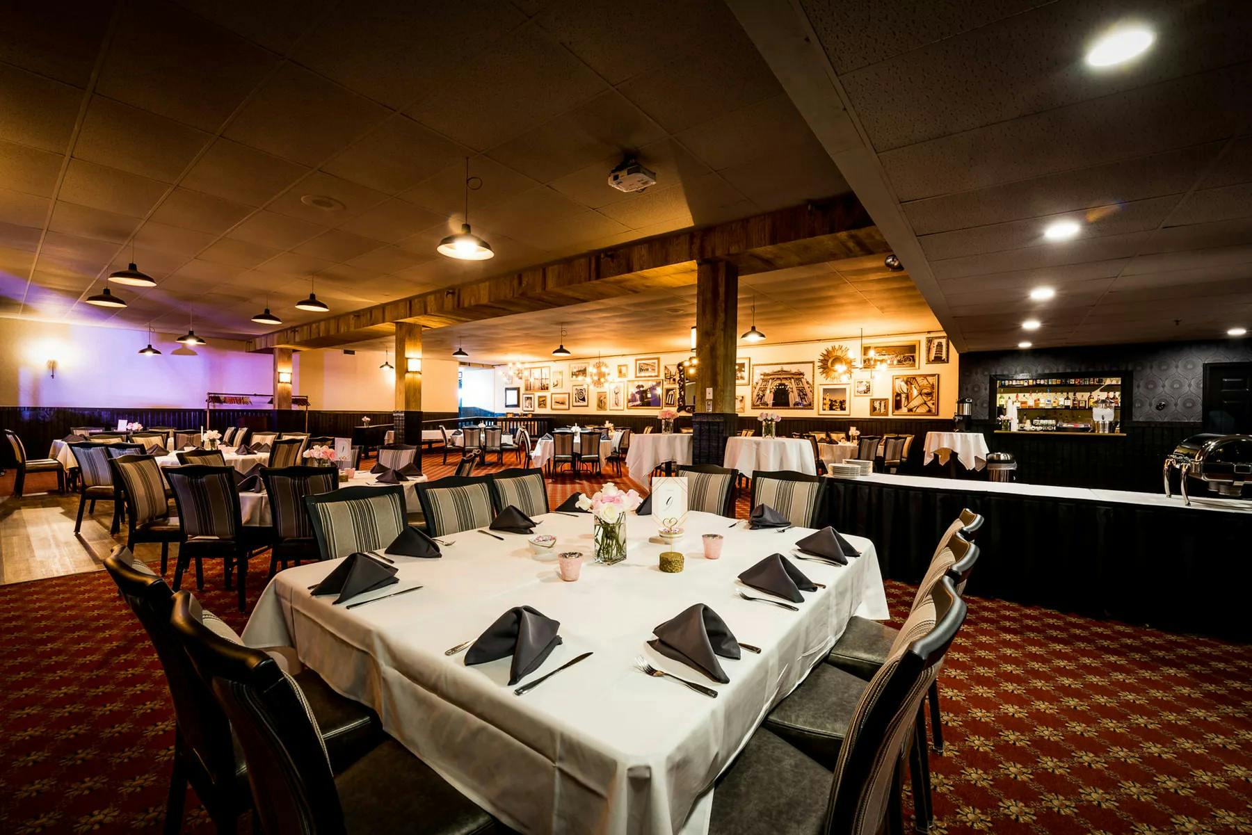 a room filled with dining tables
