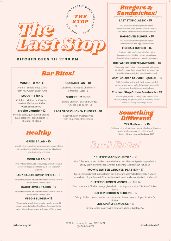 Menus | The Last Stop in The Bronx, NY