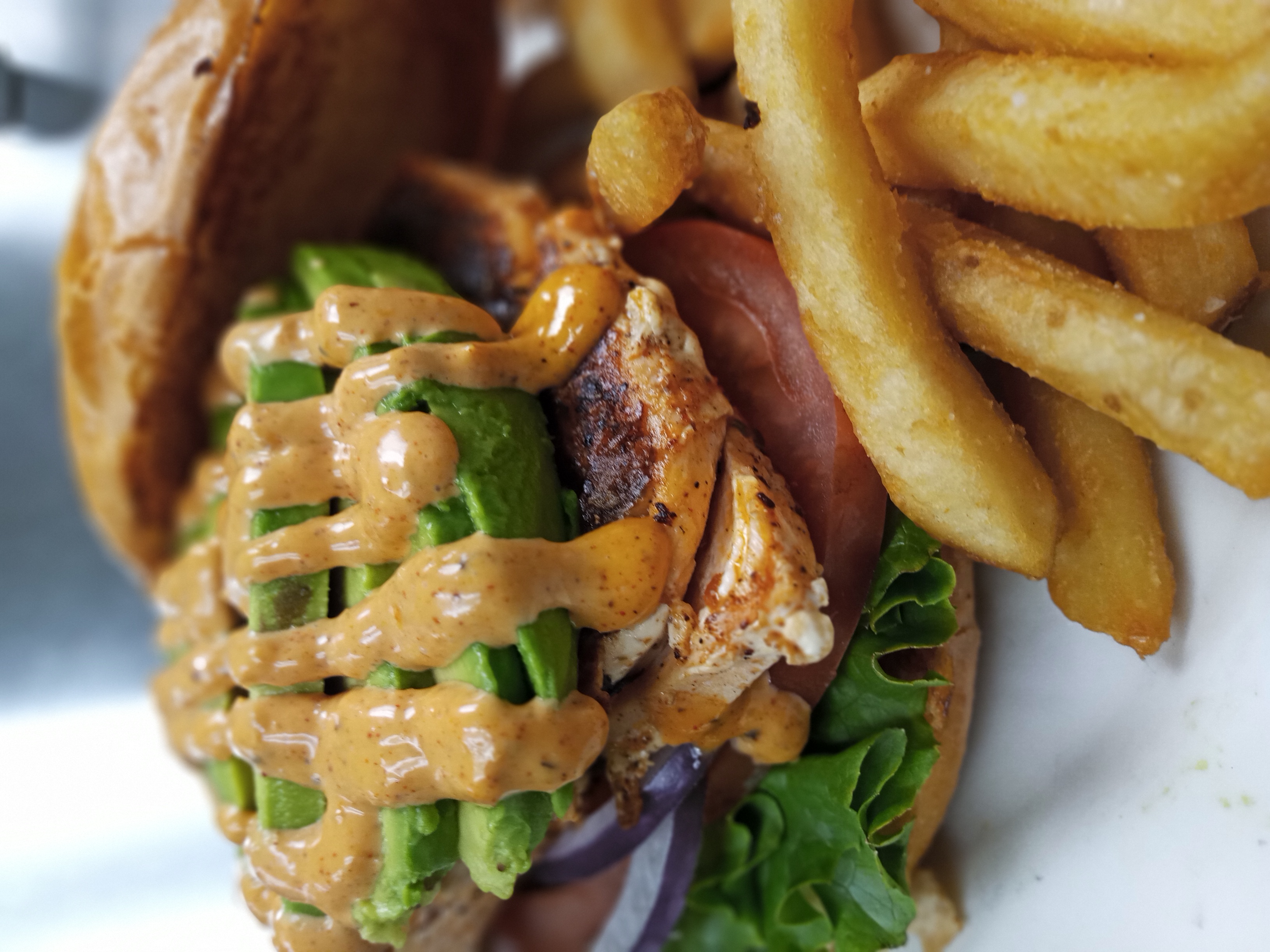 a close up of a sandwich and fries on a plate