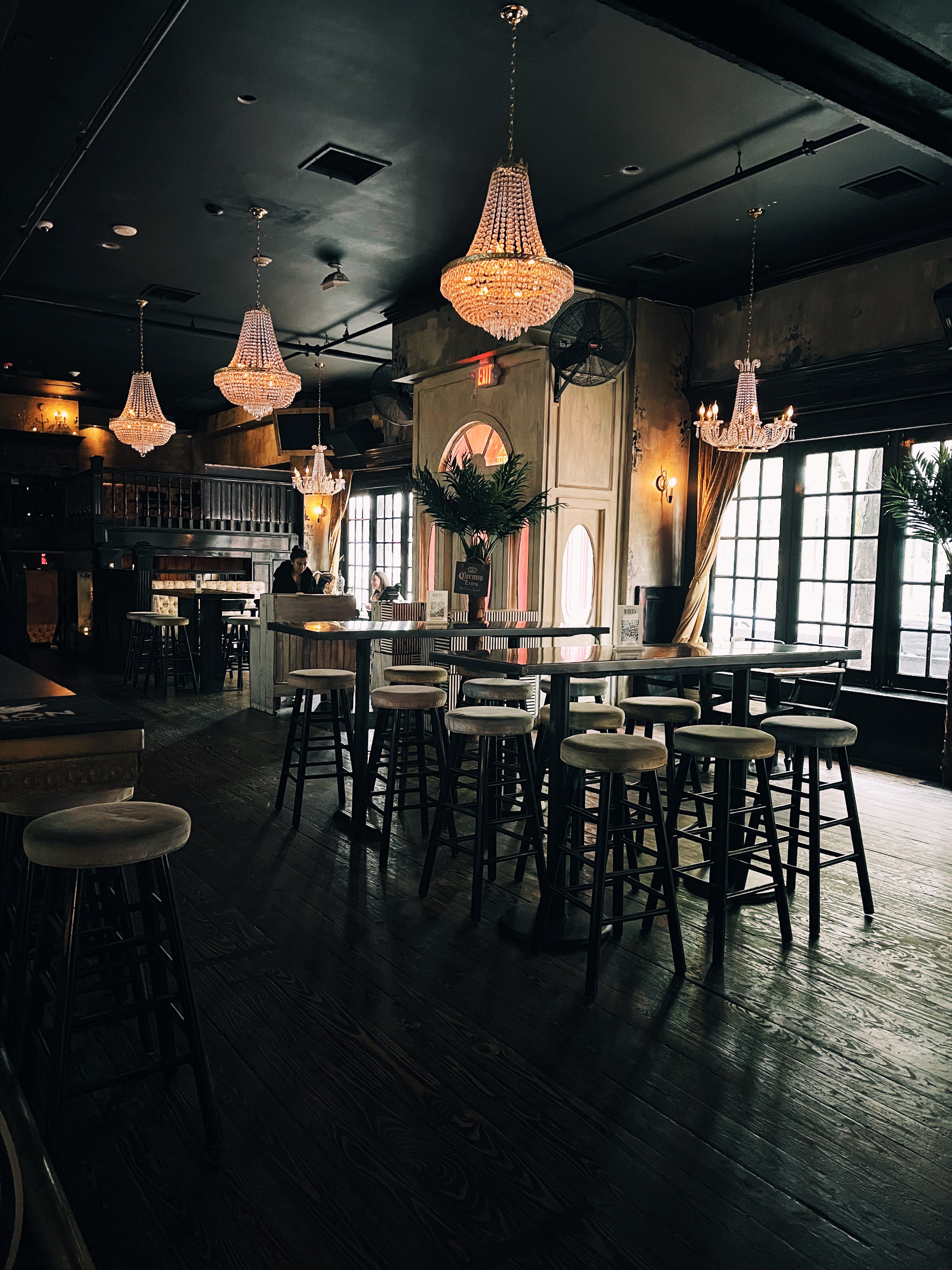 a dining room table in front of a building