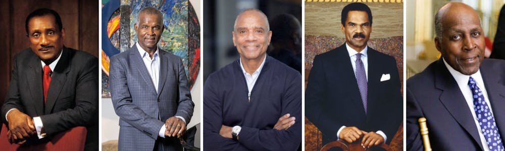 John H. Johnson, Clarence Otis Jr., Kenneth I. Chenault, Reginald Lewis, Vernon Jordan standing next to a person in a suit and tie
