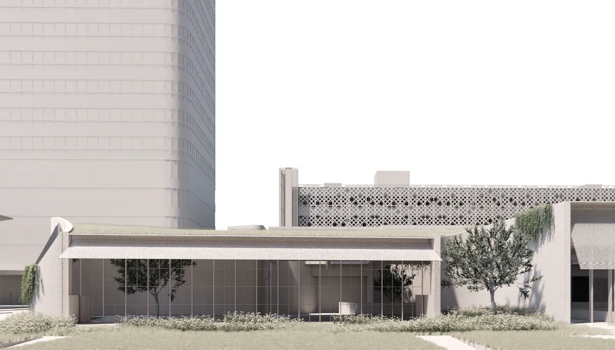 a building with a roof and trees