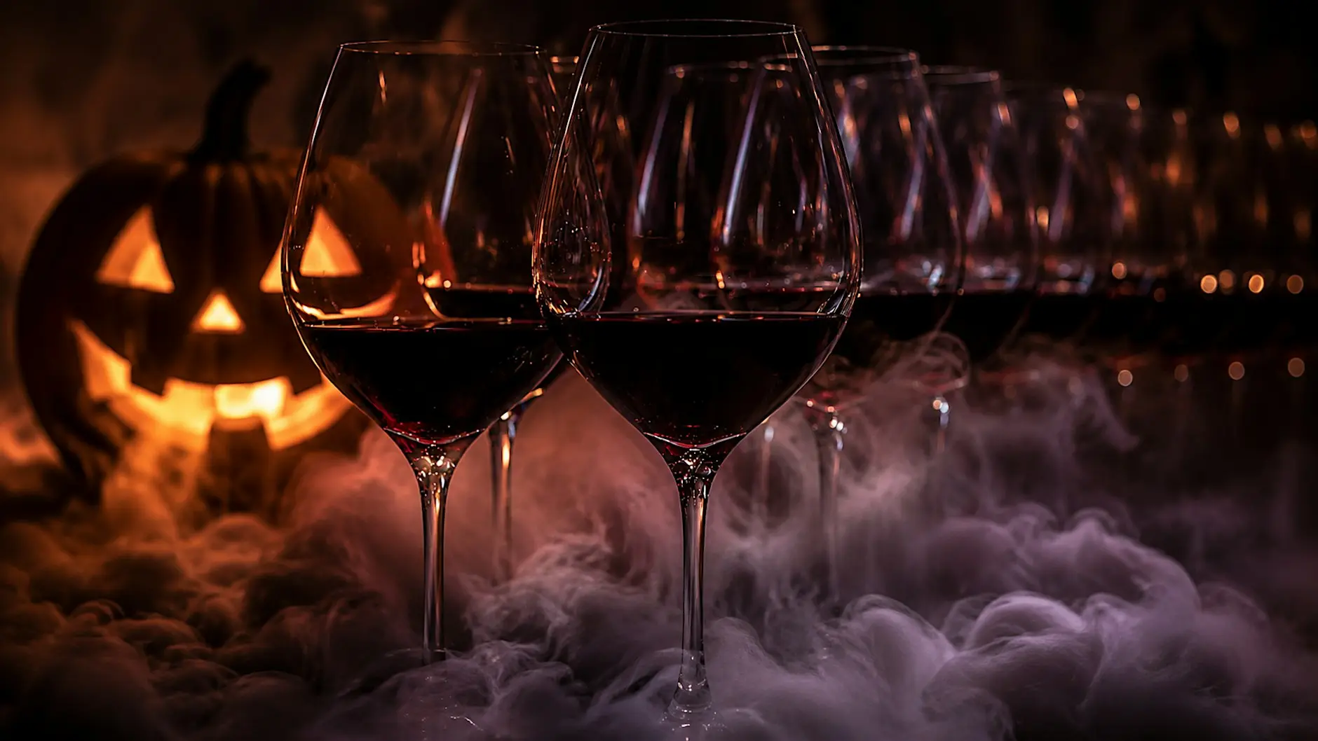 a group of wine glasses with smoke