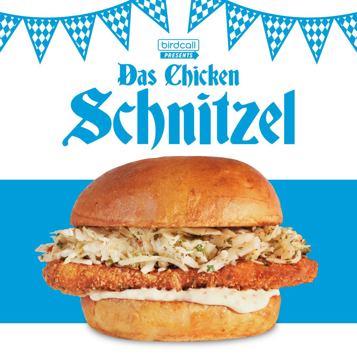 A graphic that has the Birdcall Presents logo, Das Chicken Schnitzel, and an image of the sandwich.