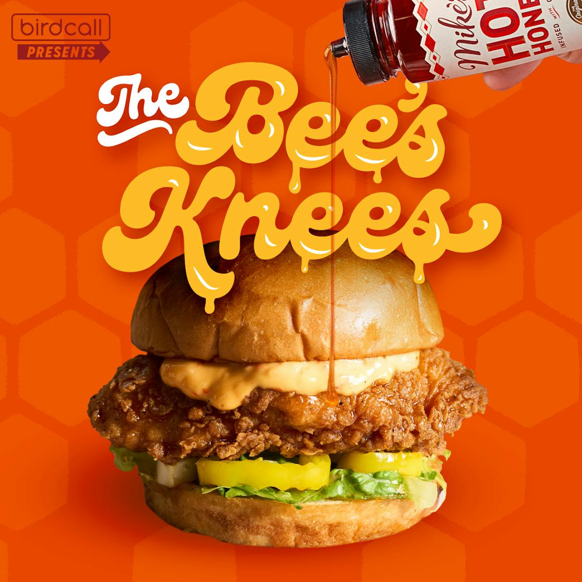 The Bee's Knees graphic with a hand pouring hot honey onto a sandwich.