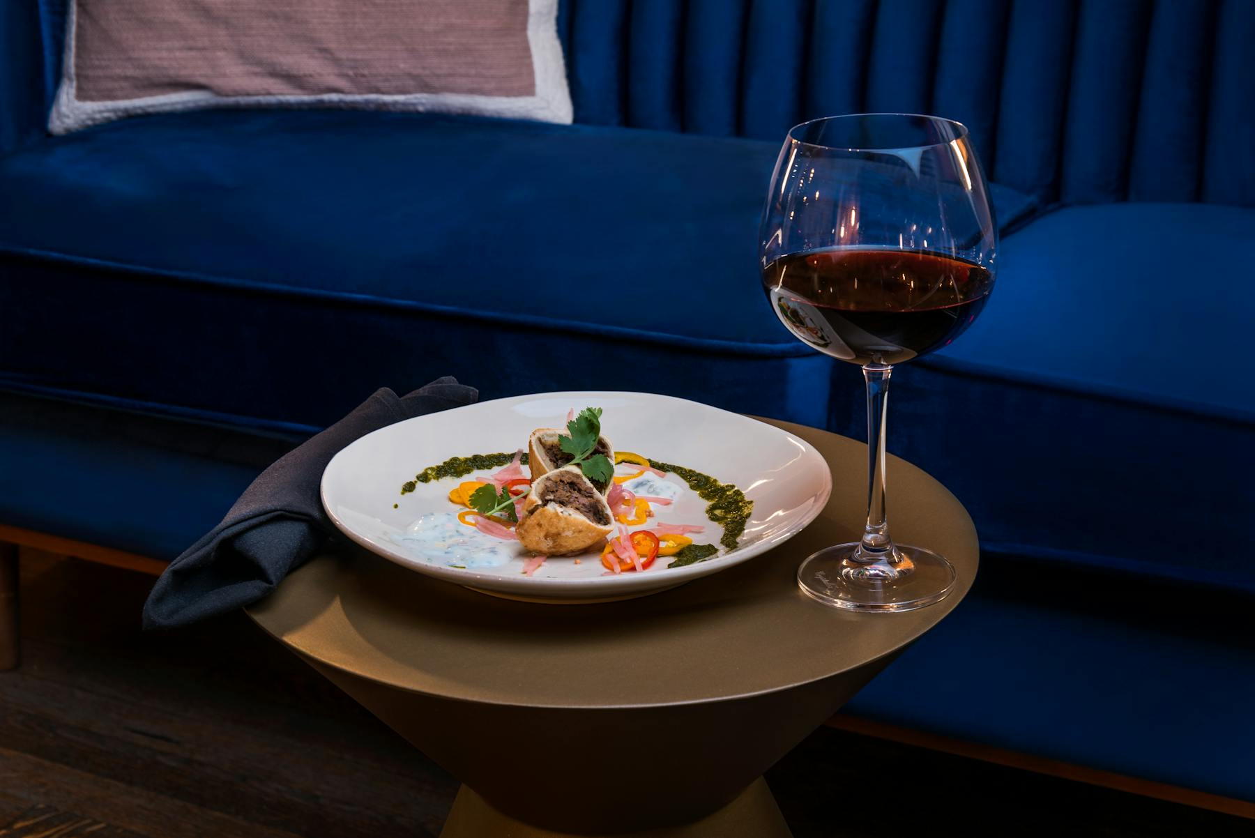 Dinner dish with red wine.