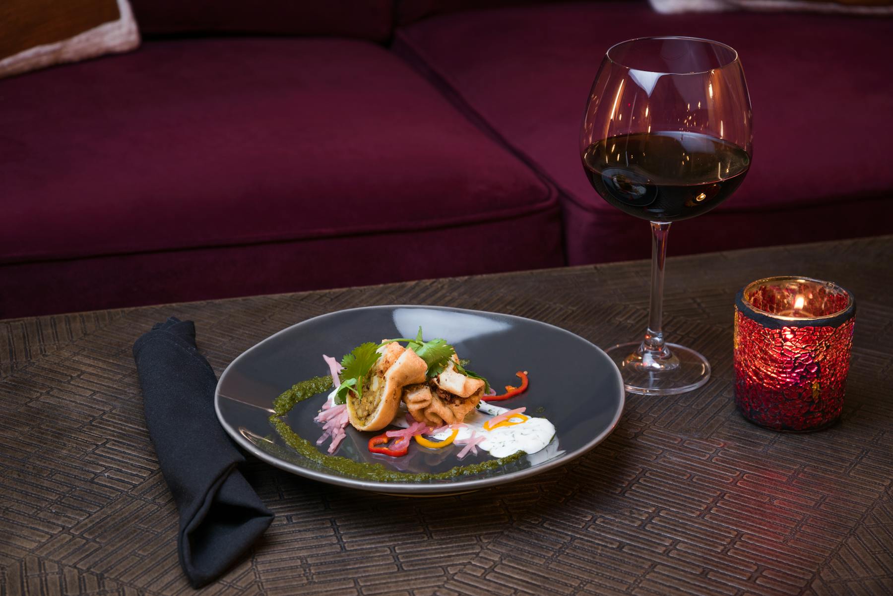 Dinner dish with red wine.