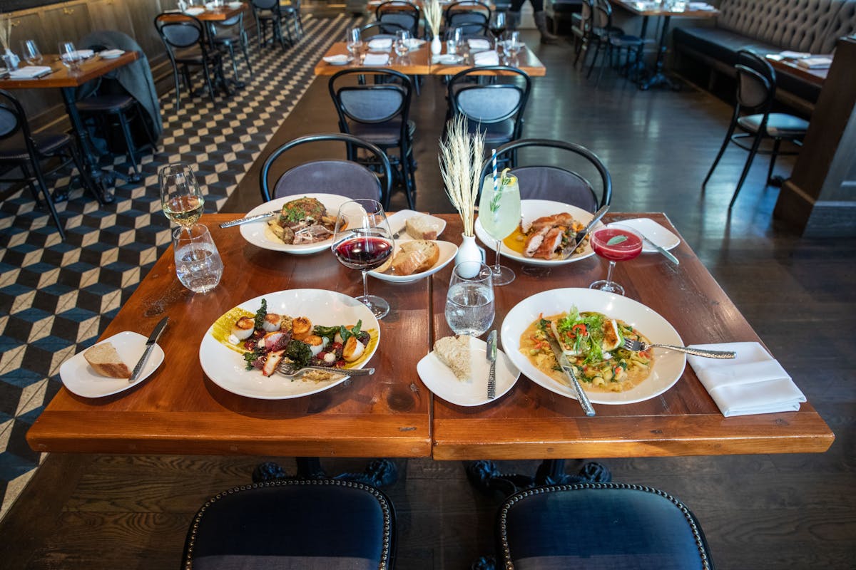 a dining table with a plate of food