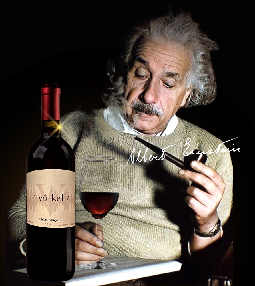 Albert Einstein holding a glass of wine