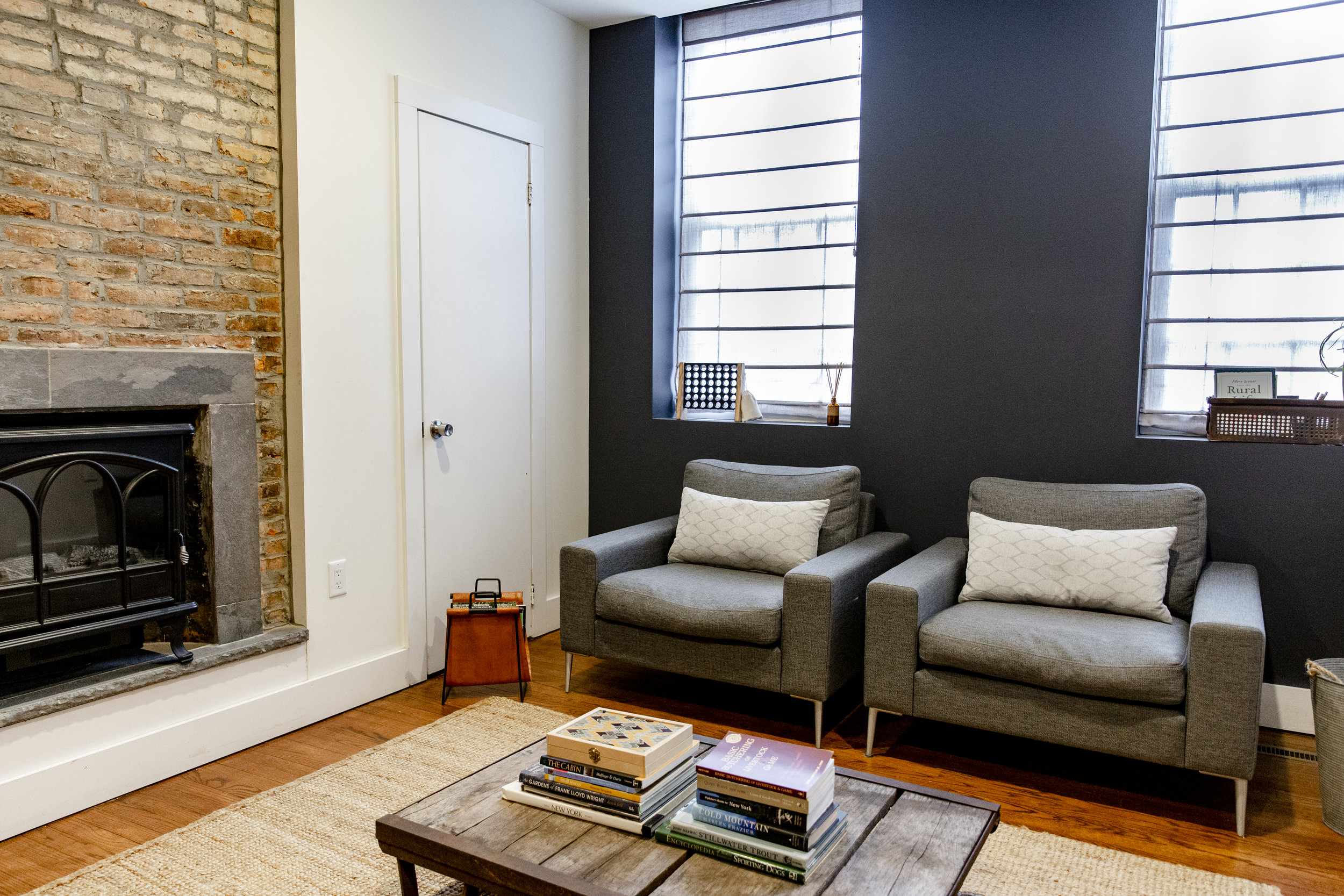 a living room with cold colors