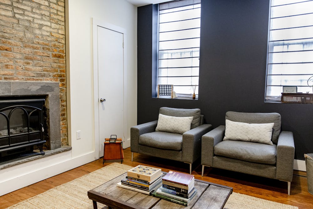 a living room with cold colors