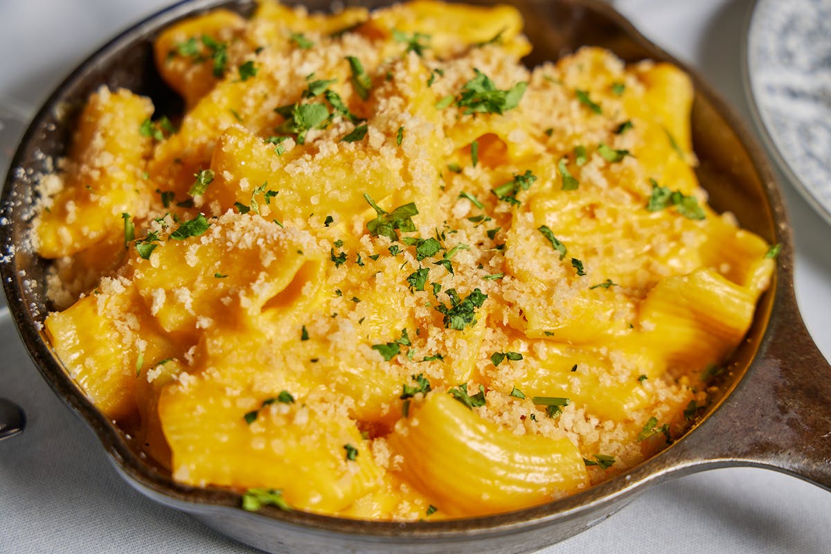 a dish is filled with food