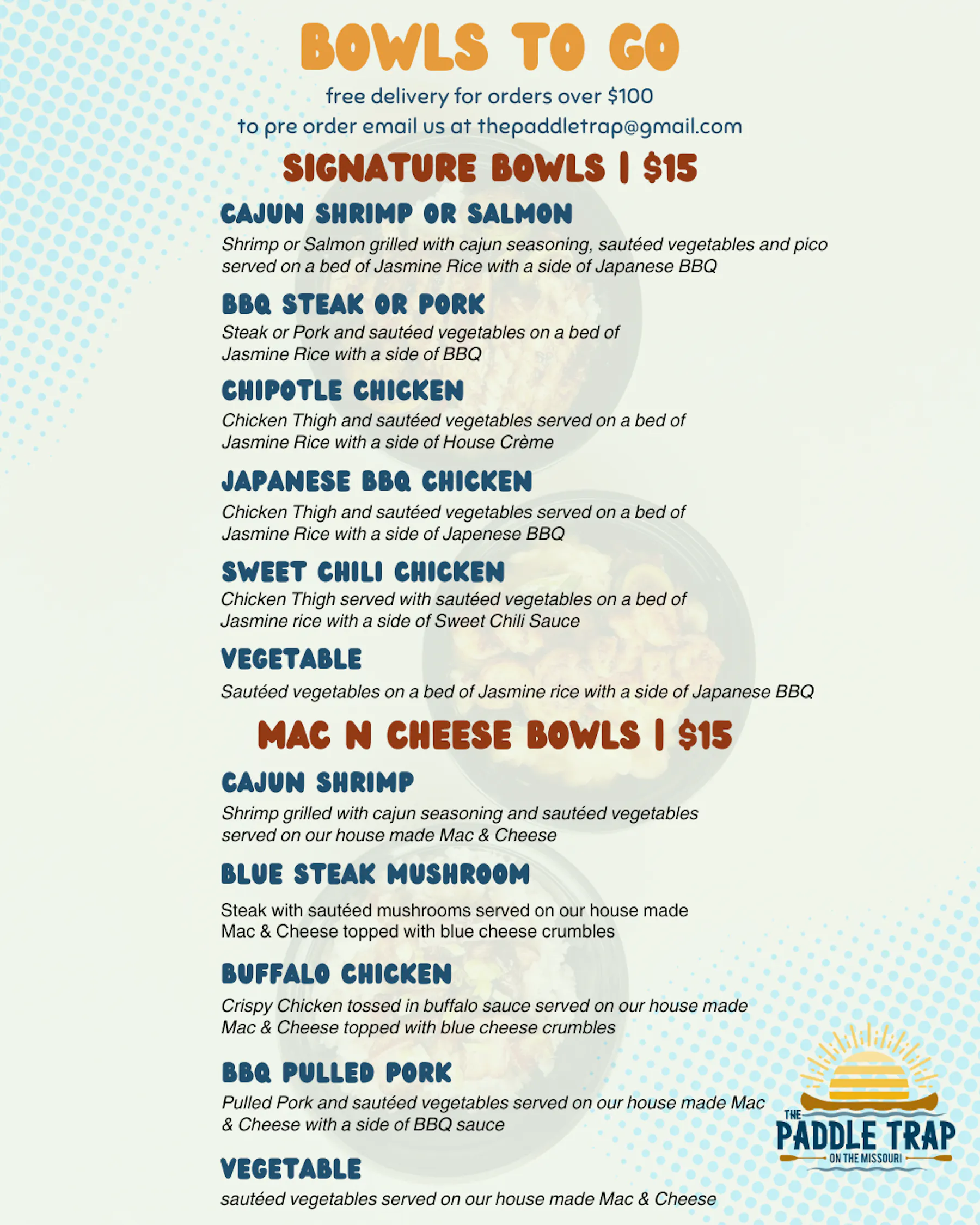 Bowls To Go | The Paddle Trap | Casual Waterfront Restaurant in Mandan, ND
