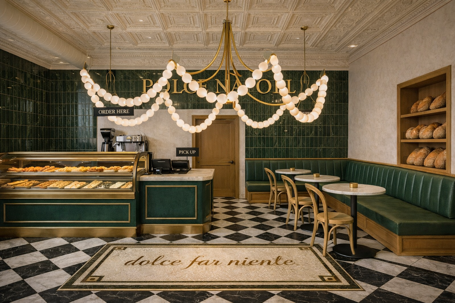 a restaurant with green booths and tables