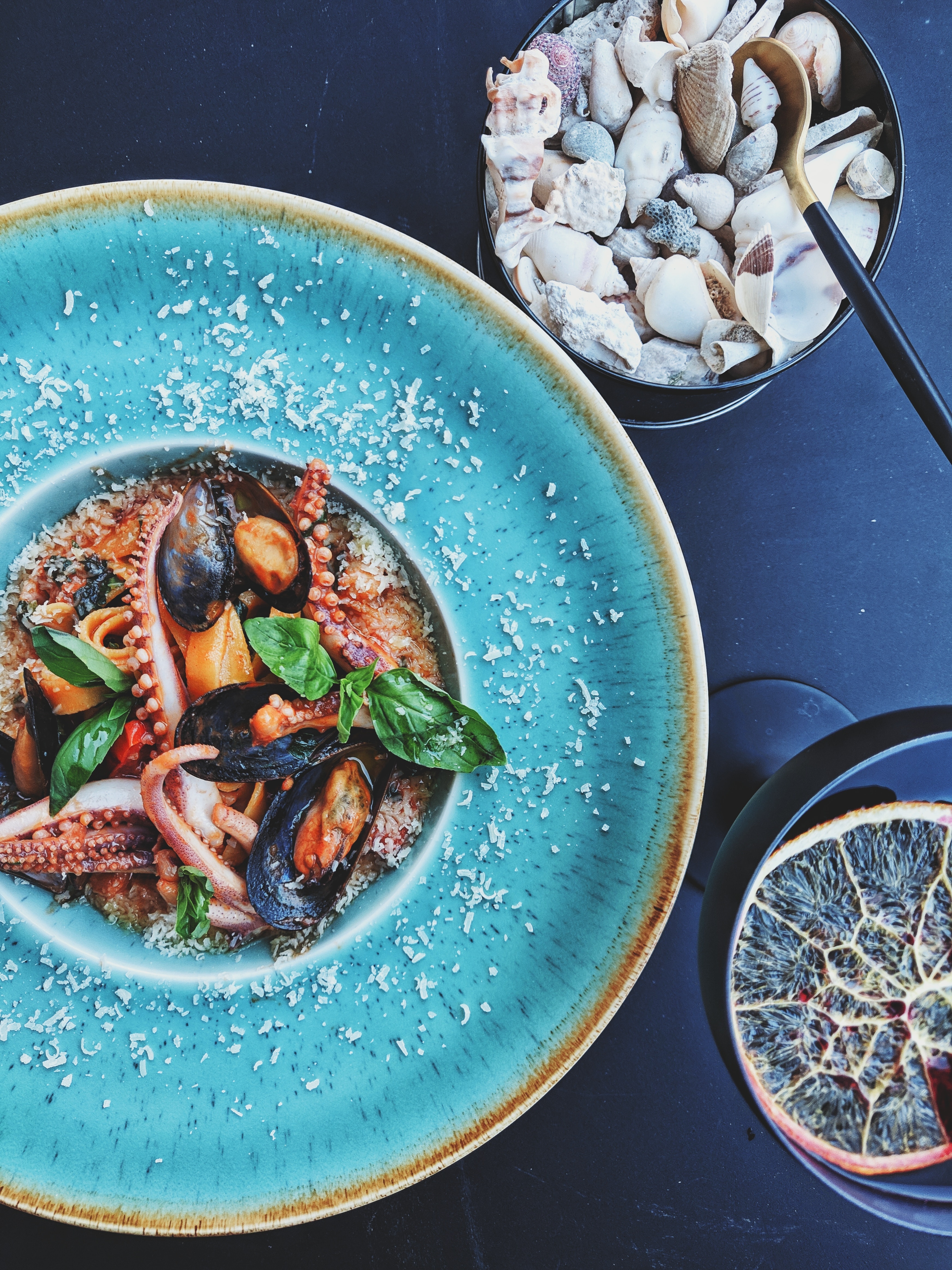 a bowl of food on a blue plate