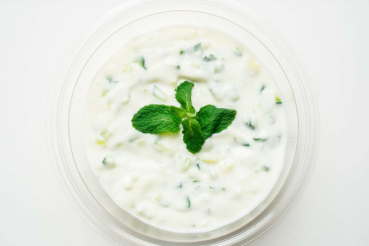dipping sauce with mint on top 