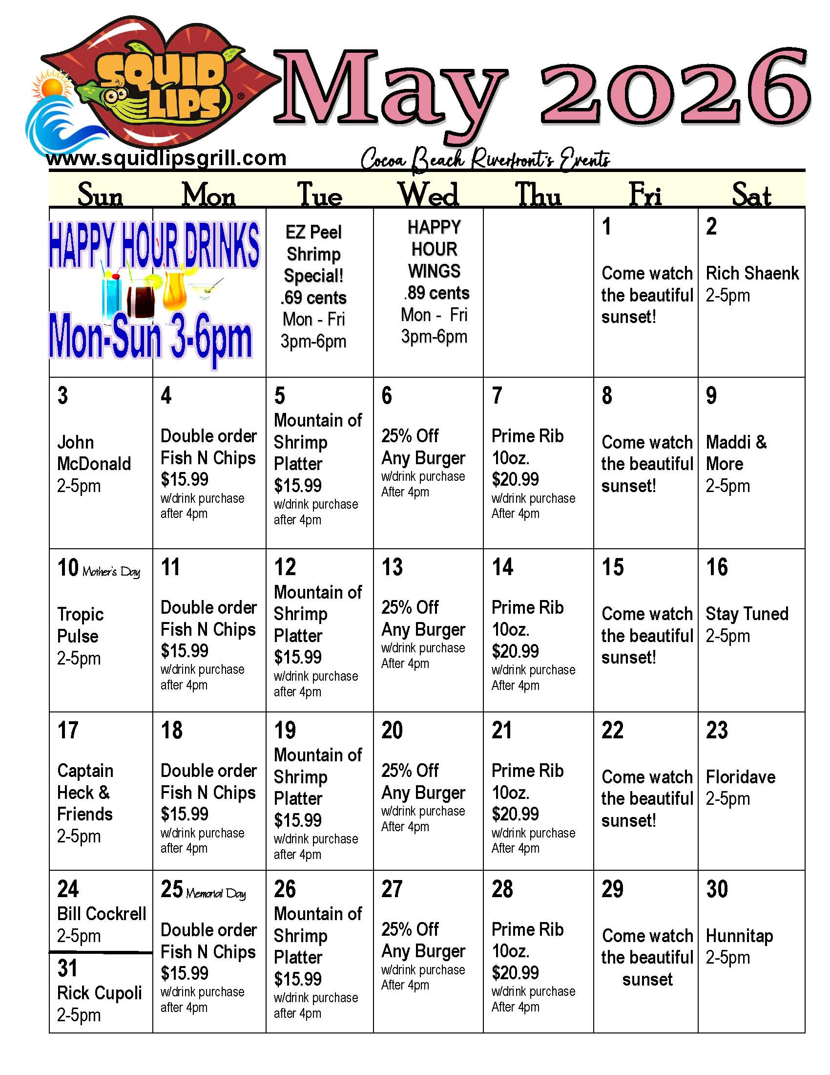 a calendar with a menu