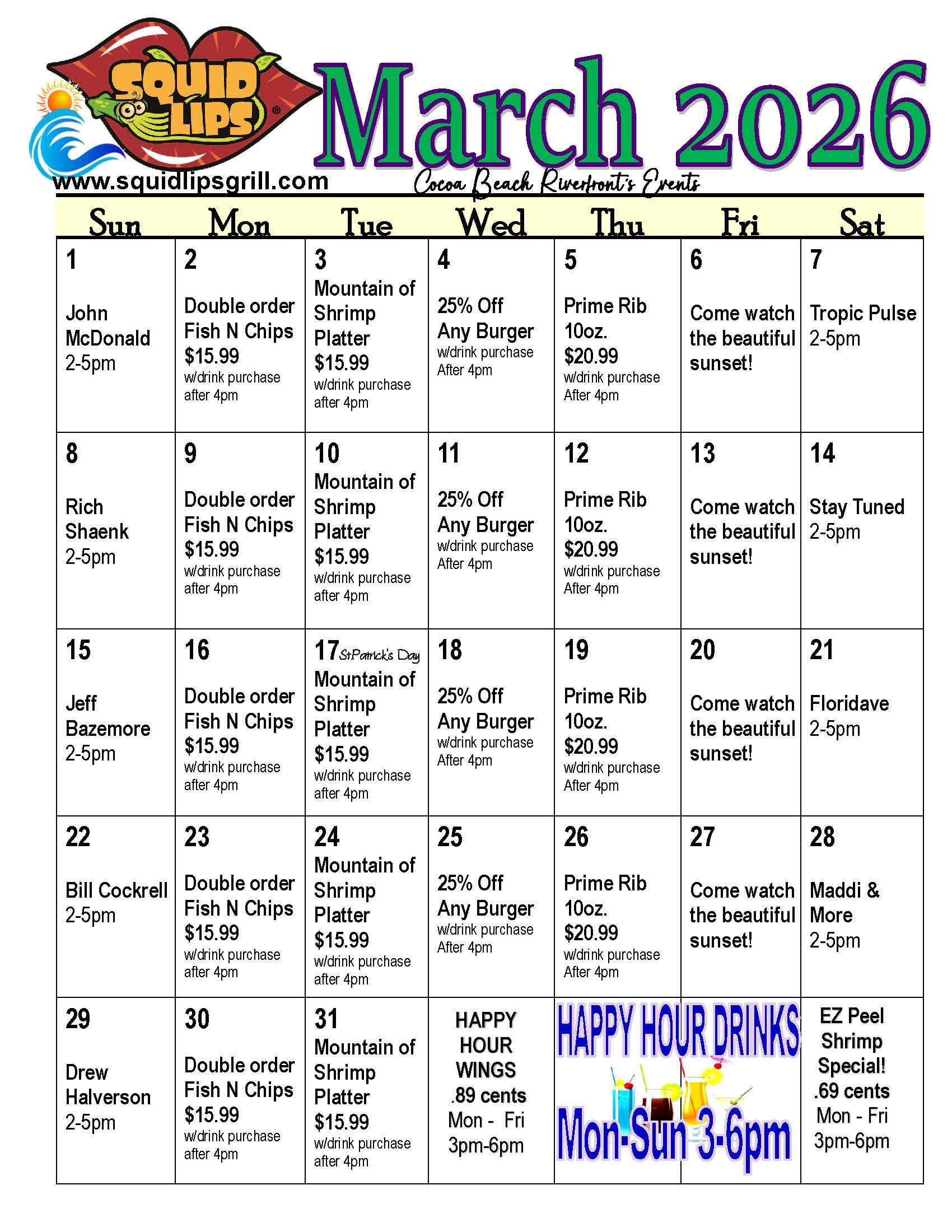 a calendar with numbers and words