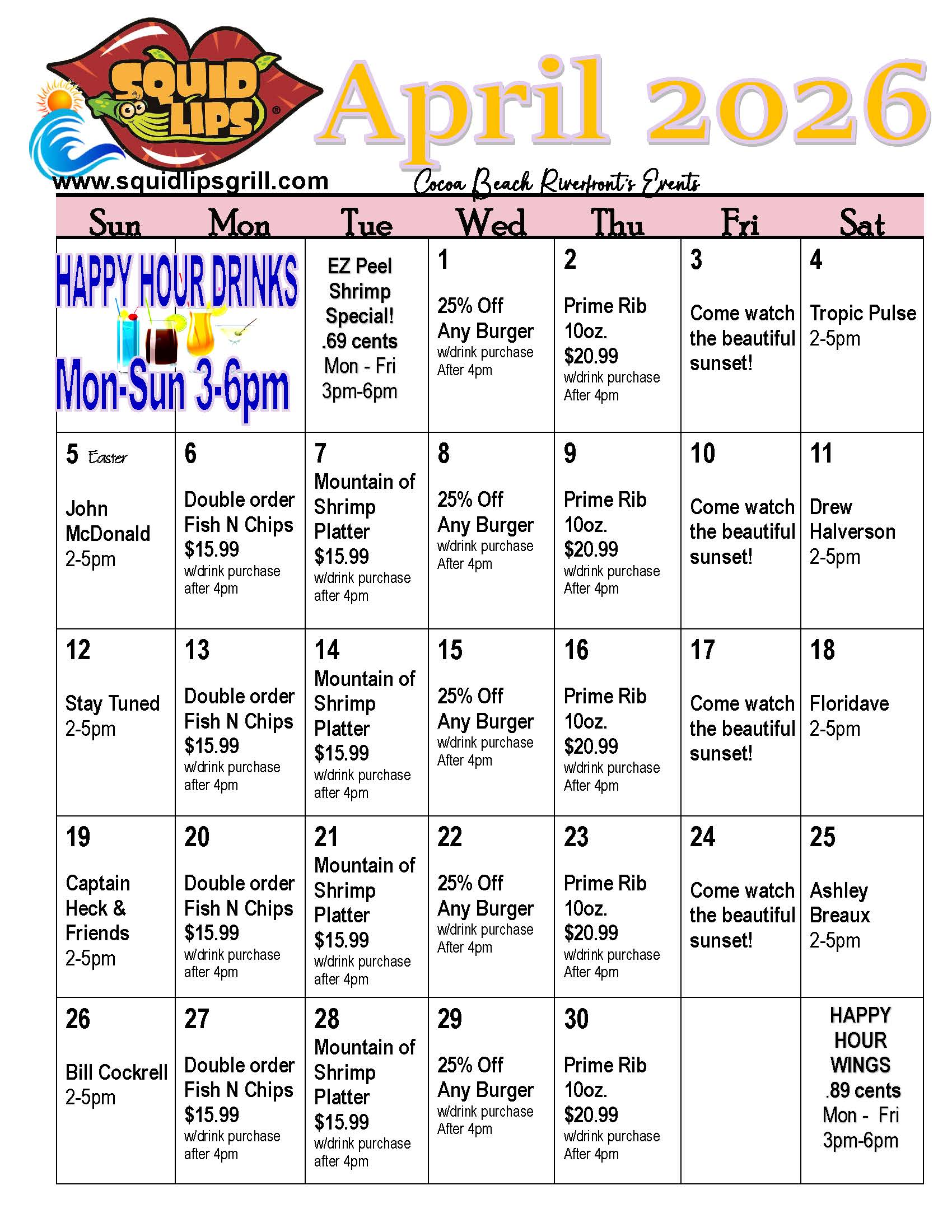 a calendar with a menu