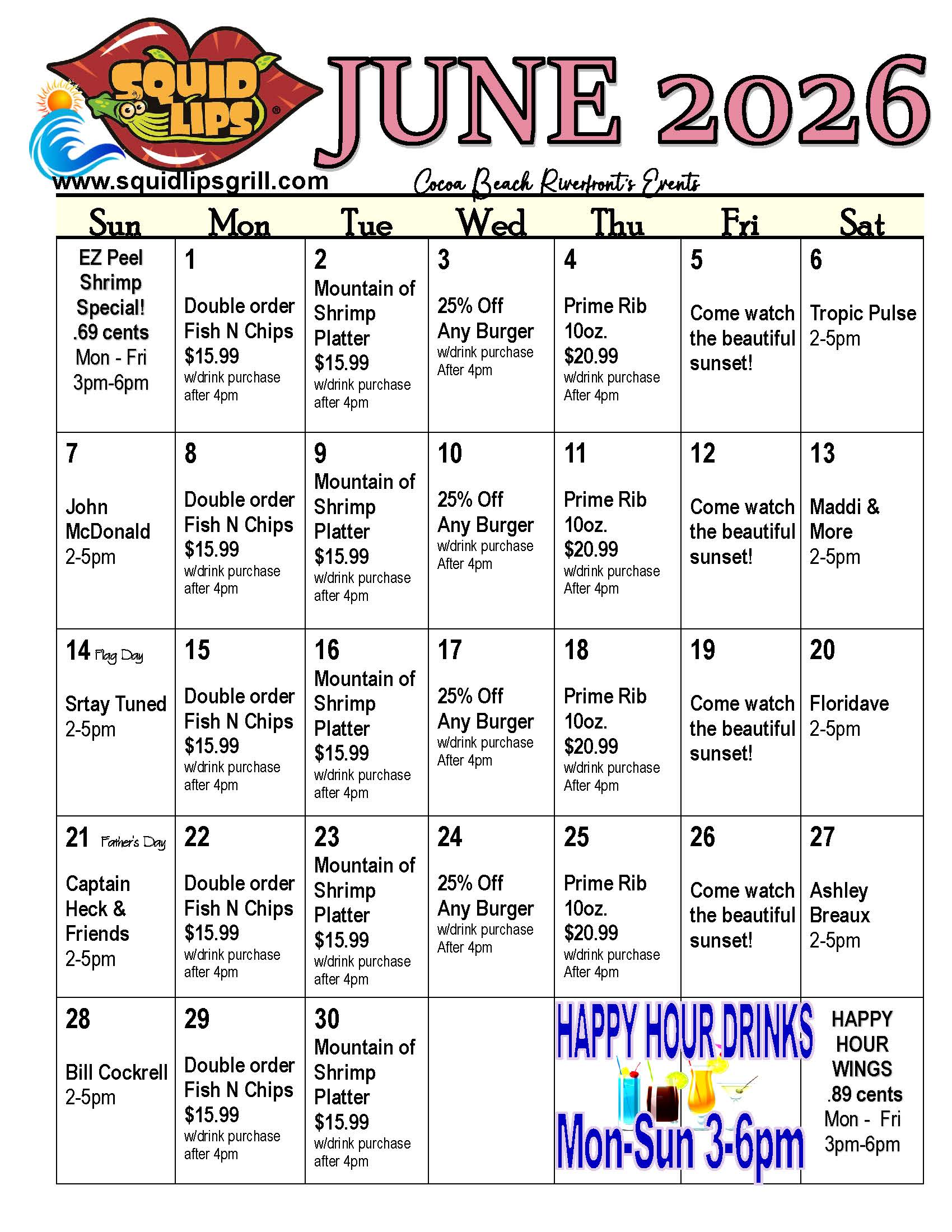a calendar with numbers and words