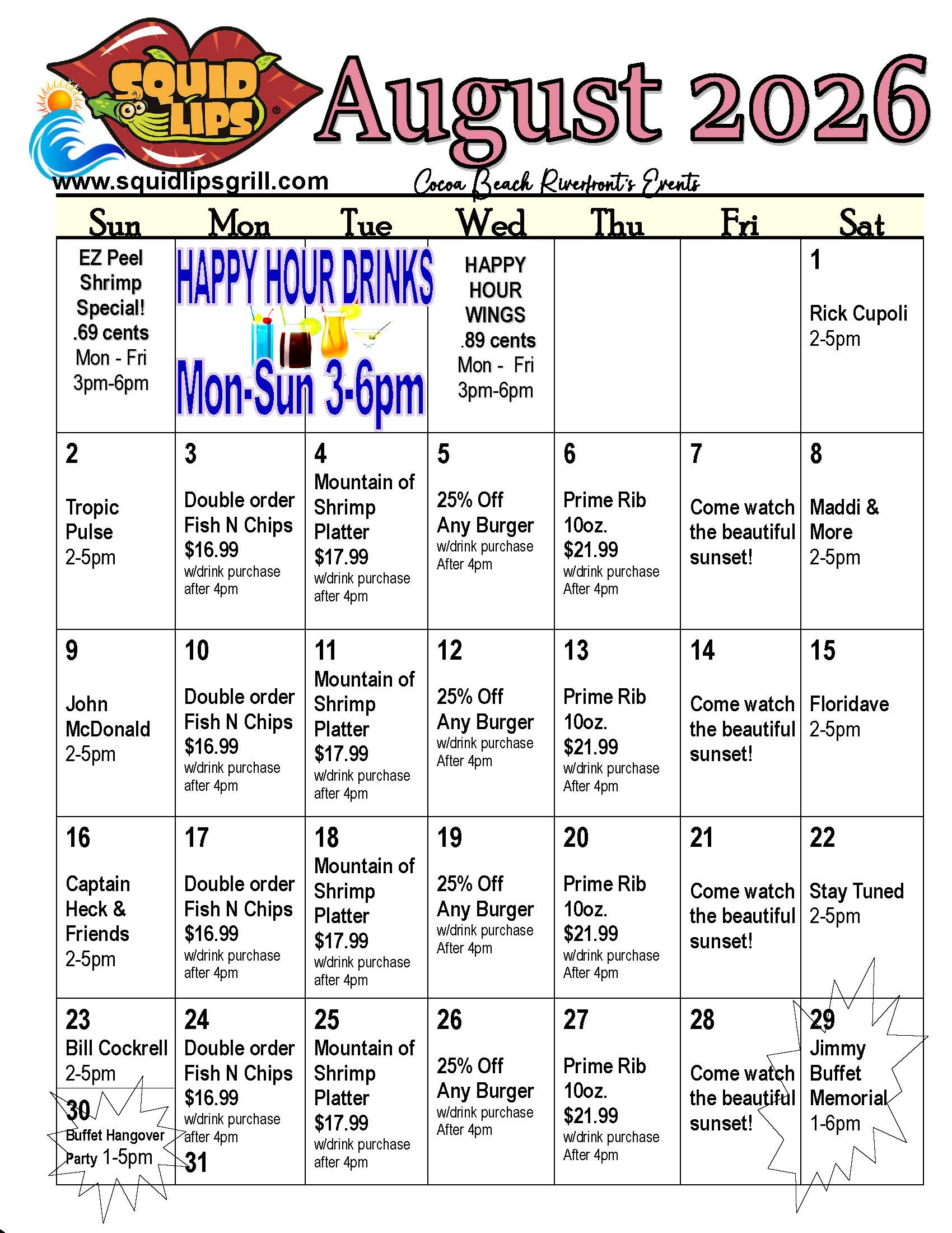 a calendar with numbers and words