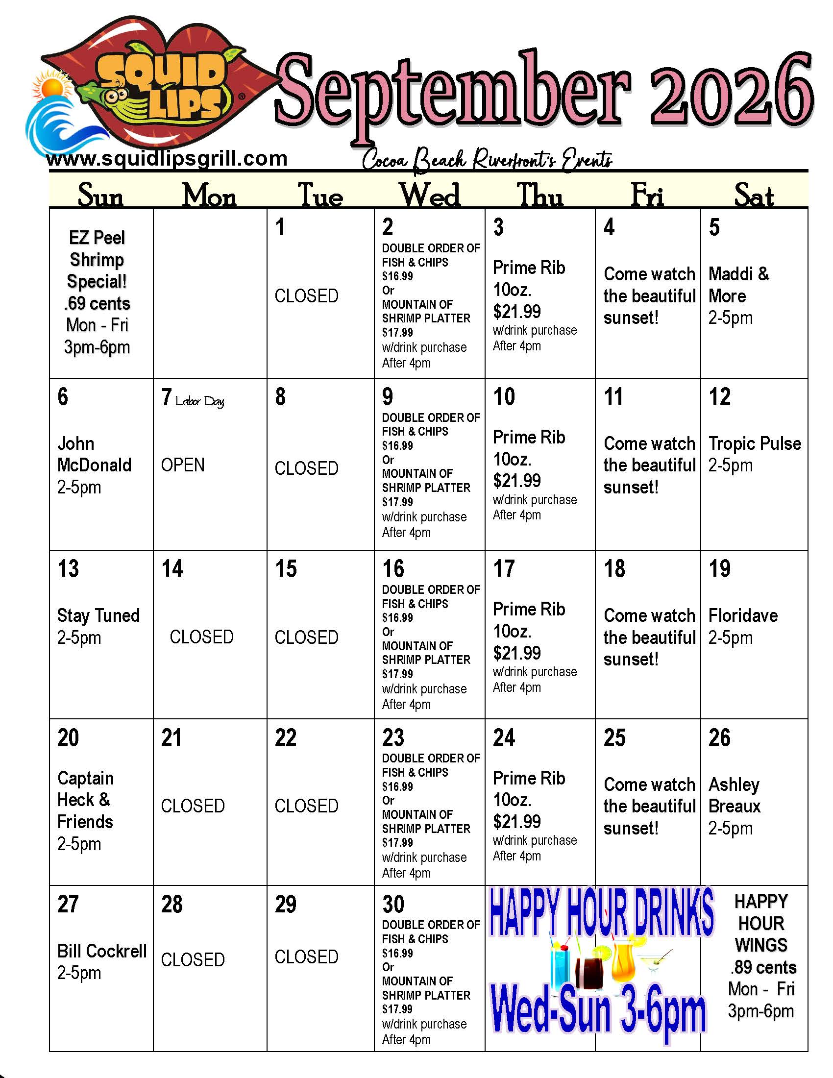 a calendar with numbers and words
