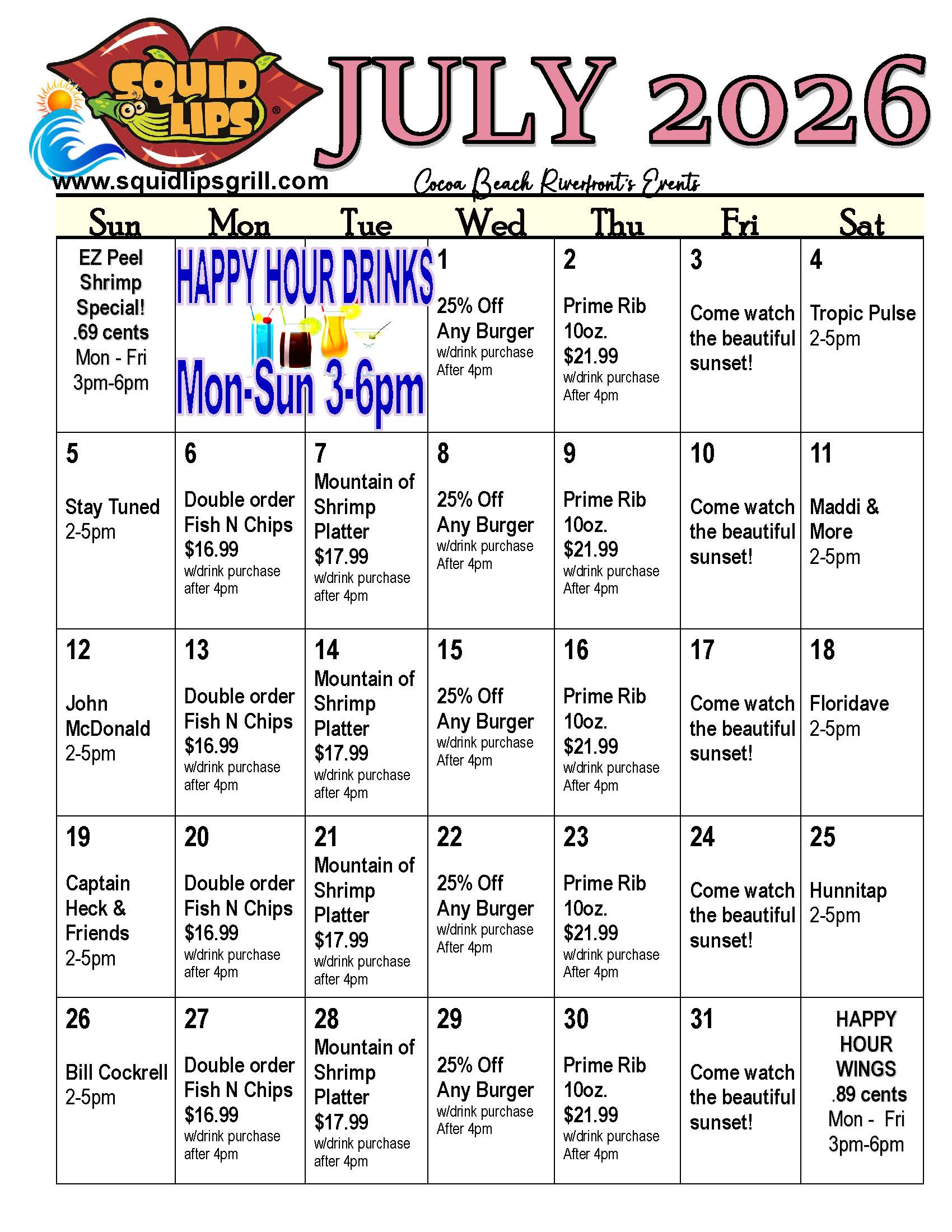 a calendar with numbers and words