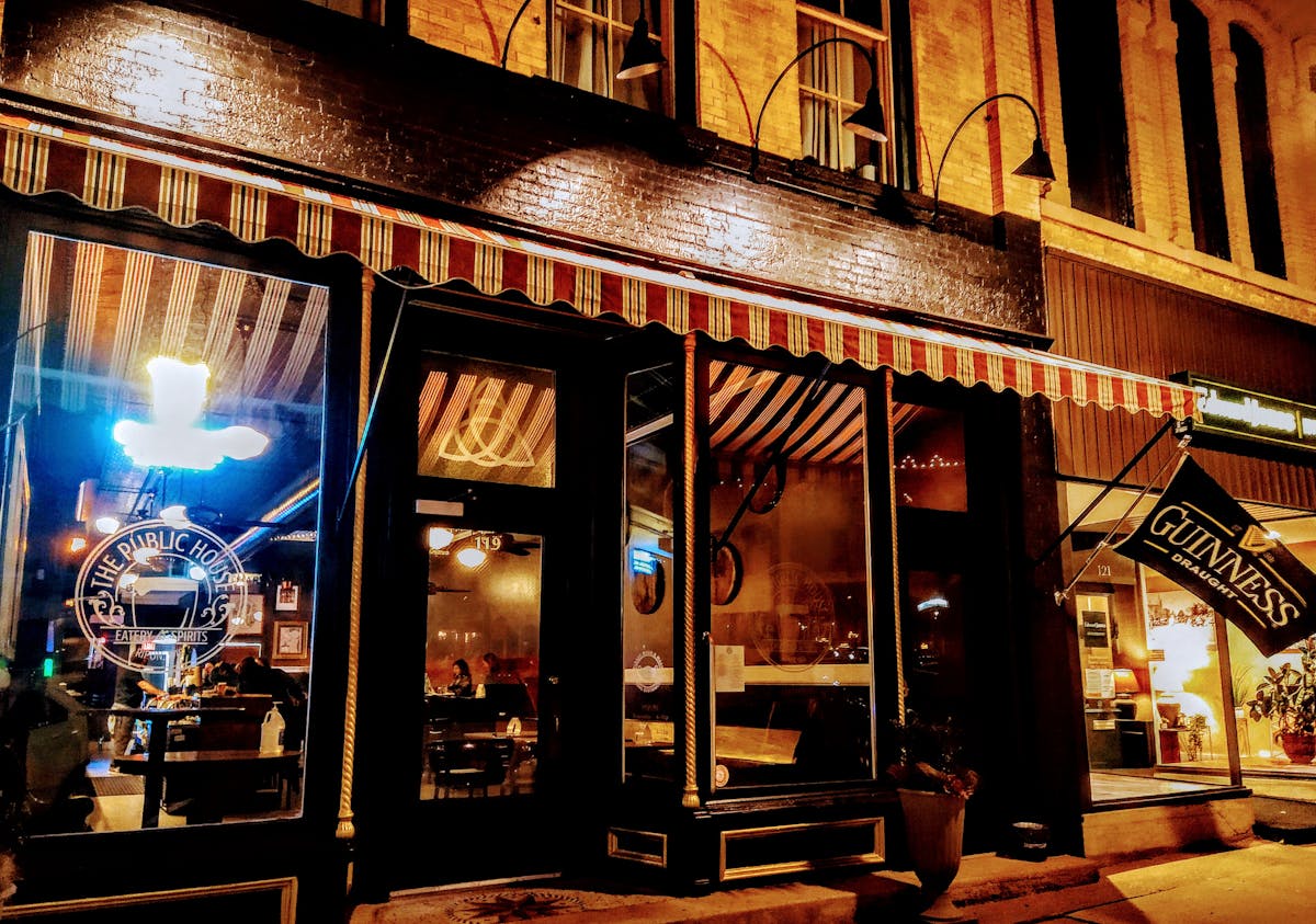 a store front at night